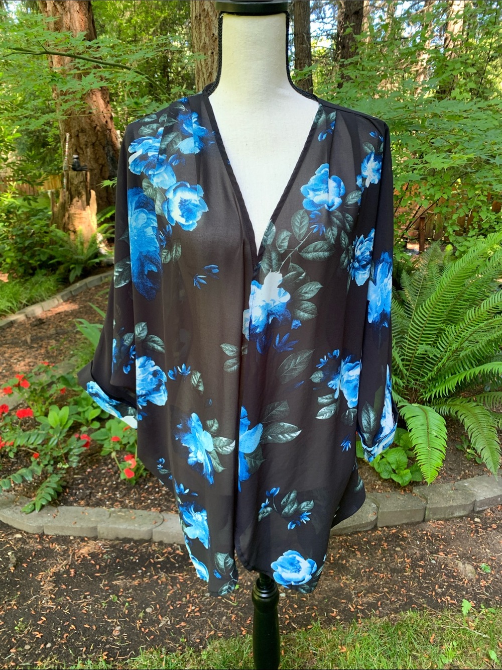 Black Floral Sheer Kimono with Blue Roses